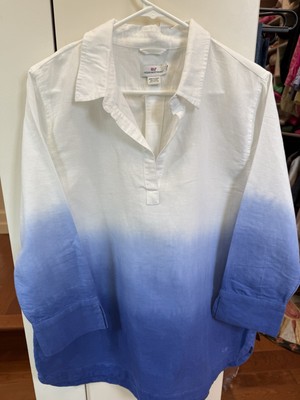Vineyard Vines Linen Cotton Popover Tunic Womens Small White Blue Tie Dye Dip-image