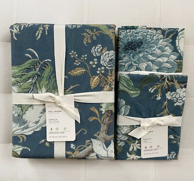 Pottery Barn DAHLIA FLORAL Full Queen Duvet & Two Standard Shams Blue NWT-image
