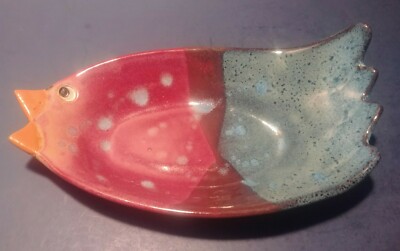 STUDIO ART POTTERY Bird SHAPED PLATE BLUE/Red GLAZE CERAMIC ARTIST INITIALS 9