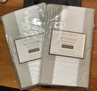 NEW Pottery Barn Awning Stripe Beige Tan Standard Cotton Pillow Sham Set of 2-image