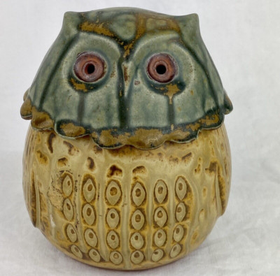Artisan Owl Ceramic Studio Pottery Coin Piggy Bank MCM Style Blue Brown Glaze-image