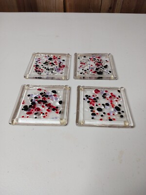 Set Of 4 Studio Art Glass Fused Glass dichroic abstract Coaster Tiles 4” multi-image