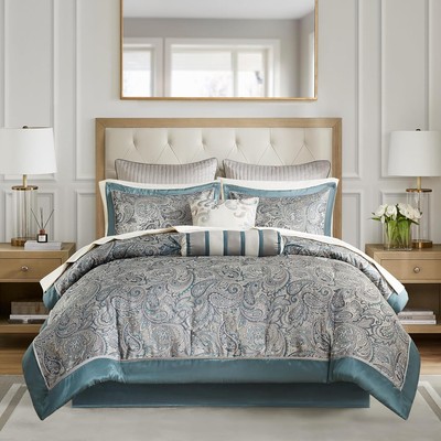 Madison Park Aubrey 12 Piece Comforter Set & Sheet Faux Silk Jacquard CAL KING-image