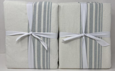 Pottery Barn Riviera Stripe Pole Top BLACKOUT Drape (2) 50 x 96 Porcelain Blue-image