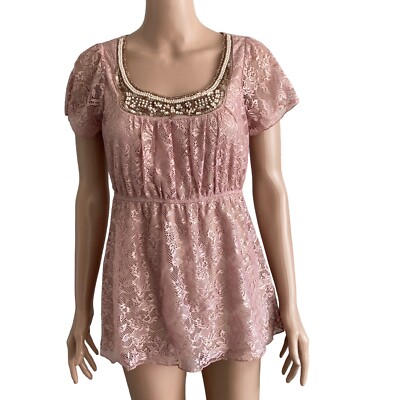 Studio Y Lace Shirt Pink Womens Pullover Faux Pearl Neckline-image