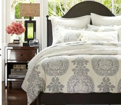 💕Pottery Barn Lucianna Medallion Percale Duvet Cover Full Queen Gray Boho-image