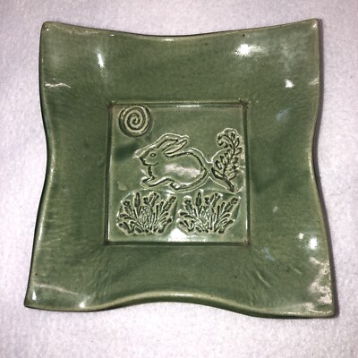 Studio Art Pottery Bunny Rabbit Trinket Dish Green Botanical Design Signed-image