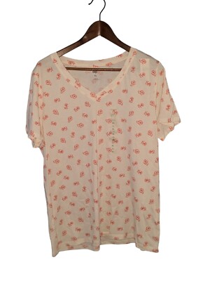 Dip Womens XL Short Sleeve V-Neck Top Floral Print Beige & Pink-image
