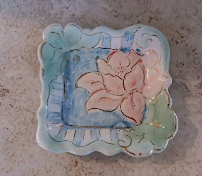 Pink Floral Pottery Studio Art Trinket Dish (Signed)-image