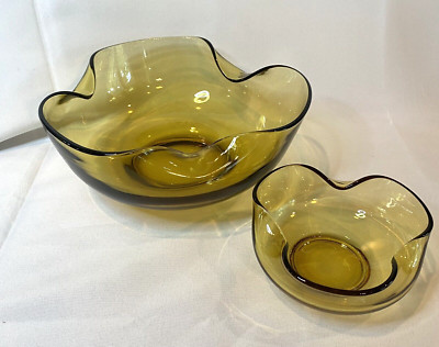 MCM Vintage Anchor Hocking Wavy Edge Bowls, Amber Honey Gold Glass Chip & Dip-image
