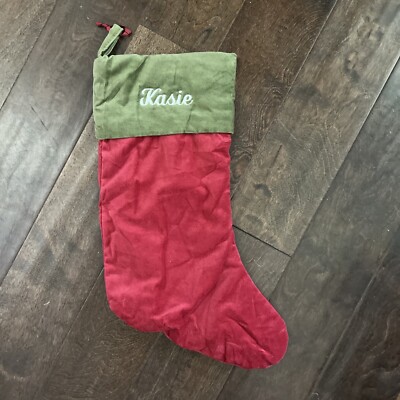 NWOT Pottery Barn Classic Medium Red Green Velvet Christmas Stocking Mono Kasie-image