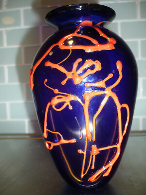 Red Abstract over Cobalt Blue Art Vase Signed Tom Anderson - Glass Eye Studio-image