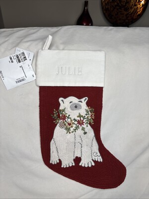 Pottery Barn Holiday Icons Crewel Stockings Polar Bear “Julie” Monogram-image