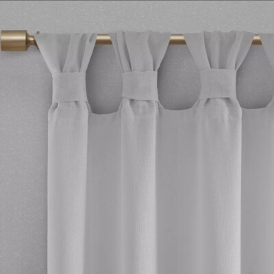 Madison Park Rosette Solid Gray Curtain Panel 50x95 Faux Linen Sheer-image