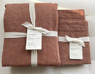 Pottery Barn BELGIAN FLAX LINEN Duvet Full Queen & Standard Shams Brick NWT-image