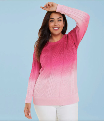 Talbots NWT Ombré Pink Cable Knit Raglan Cotton Dip Dye Sweater Sz Large-image