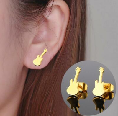 Unisex Punk Tiny Titanium Steel Gold Music Instrument Guitar Stud Earrings-image