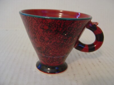 HAND CRAFTED WHIMSICAL STUDIO POTTERY CONE SHAPED BURGUNDY AND BLACK CUP ONLY-image