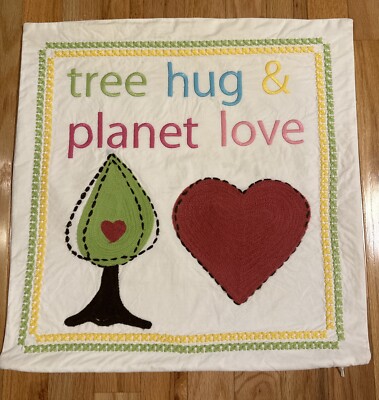 Pottery Barn Teen Pillow Cover 18x18 Tree Hug & Planet Love Embroidered Cotton-image