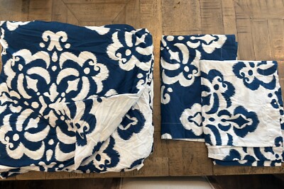 POTTERY BARN Teen Dorm Full Queen Ikat Medallion Duvet Cover 2 Pillow Shams Blue-image