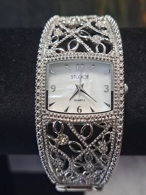Vintage STUDIO TIME Jeweled Filigree Quartz Watch Bracelet EUC New Battery -image