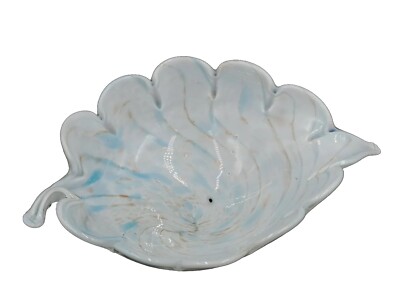 Murano Style Glass Folded Leaf Shaped Dish White/Blue with Gold Inclusion-image