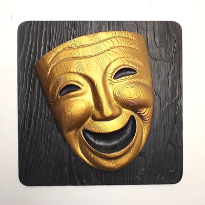 1955 Miller Studio Theater Face Wall Decor Plaque 3-D Gold Laughing Mask Plastic-image