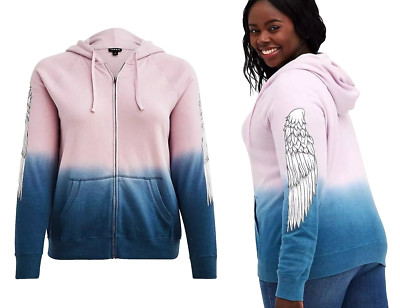  TORRID (2X  18-20)  ZIP-UP HOODIE FLEECE JACKET WINGS DIP DYE ORCHID PINK BLUE-image