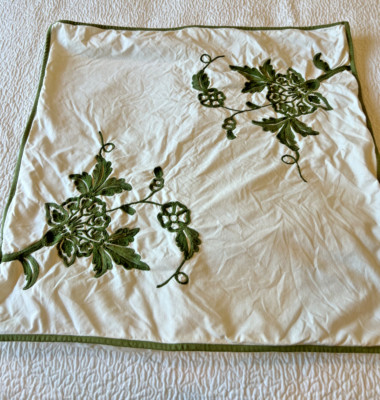 Pottery Barn Embroidered Euro Pillow Sham Ivory with  Green Floral Embroidery-image