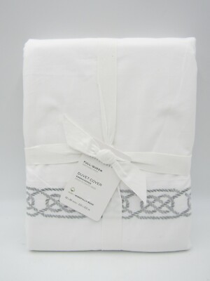 Pottery Barn Rope Embroidered Organic Percale Duvet Cover Gray Mist Queen #3625-image