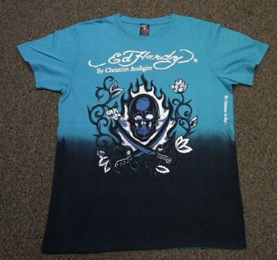 ED Hardy Men's Two Swords Flaming Skull Dip Dye T-shirt Blue-image