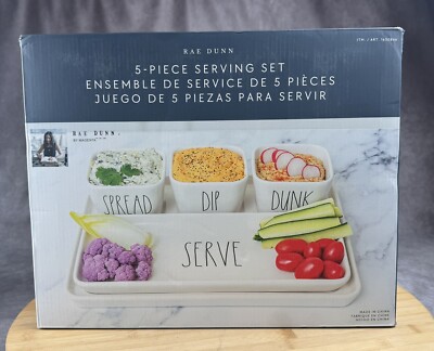 Rae Dunn 5 Piece Stoneware Serving Set Spread Dip Dunk Serve Tray & Dip Bowls-image