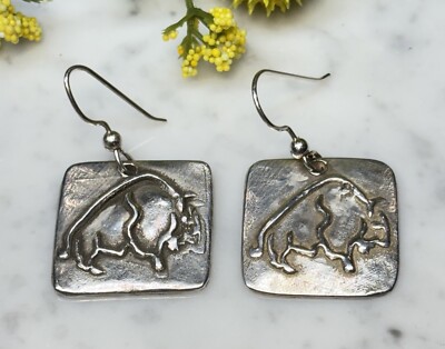 Sterling Silver 925 Studio Cast Buffalo Petroglyph Tablet Hook Dangle Earrings-image