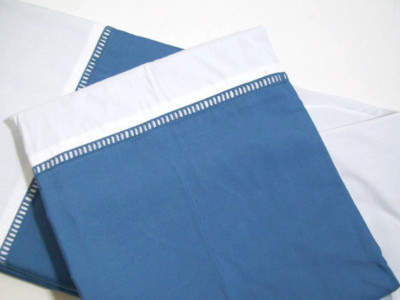 Pottery Barn Classic Blue 400 TC Banded Hemstitch Full Queen Duvet Cover New-image