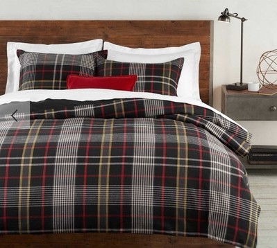 POTTERY BARN Carson Plaid King Duvet Black New Without Tags 108” X 92”-image