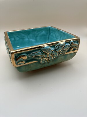 Studio Art Pottery Dish/Planter. Aqua/Teal Blue With Gold Gilt. Raised Floral-image