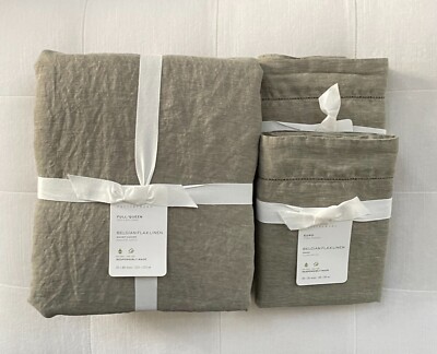 Pottery Barn BELGIAN FLAX LINEN Duvet Full Queen & Two Euro Shams Loden NWT-image