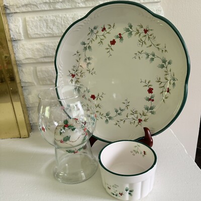 Pfaltzgraff Winterberry Large 13” Bowl, Dip Bowl, Glass Pillar Candleholder-image