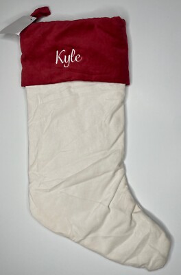 POTTERY BARN CLASSIC VELVET CHRISTMAS STOCKING *KYLE* IVORY RED MEDIUM NEW GIFT-image