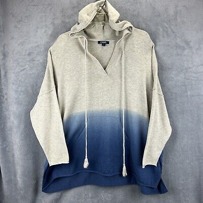 Chaps Hoodie Sweater Women Large Oatmeal Blue Dip Dyed Hooded Pullover Oversized-image