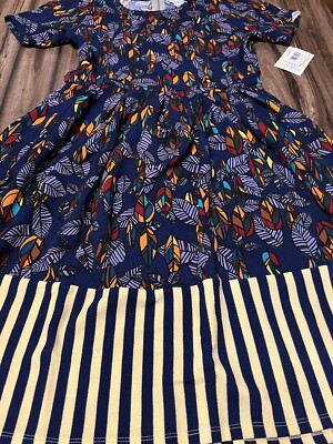 Lularoe Amelia Pleated Dress 🦄 Blue Yellow Stripe Feathers XL 18/20 16/18 Dip-image