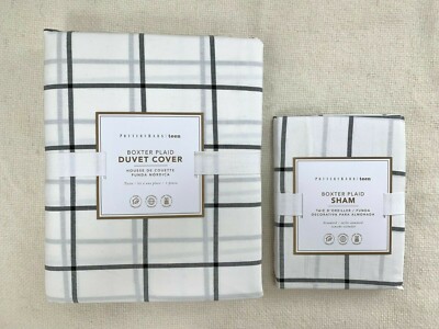 New  Pottery barn Teen Boxter Plaid Cotton Duvet Cover Sham Navy White Onyx Twin-image