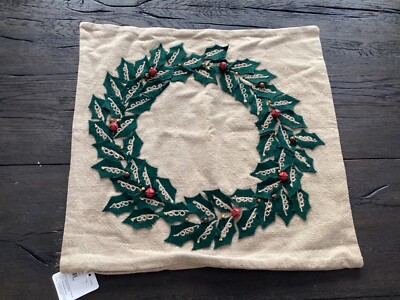 Pottery Barn Embellished Wreath Pillow Cover NEW 20” Christmas Holiday green-image