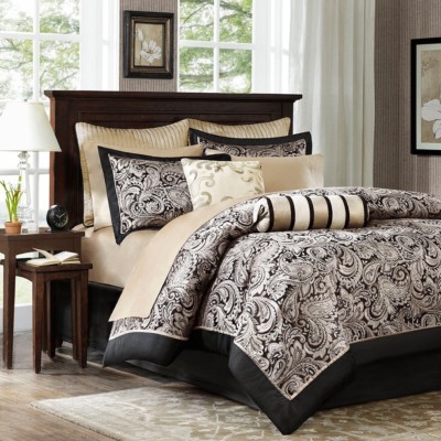 Black Gold Bed In A Bag Queen 12 PC Comforter Sheets Skirt Shams Paisley Bedding-image
