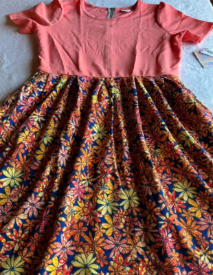 Lularoe Large Dip Floral Dress Coral Orange Blue Daisy 2 Print Pleat 14/16 L 🦄-image