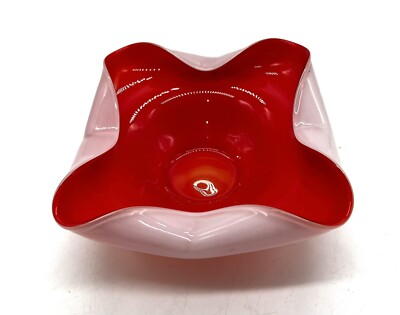 MCM Studio Art Glass Hand Blown Bowl With Rolled Edges. 6” W. Red With Orange-image