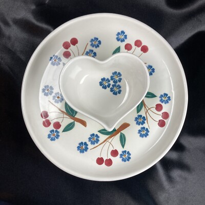 Chaparral Studio Pottery Heart Shape Chips & Dip VTG Cherry Branch Kitchen Decor-image