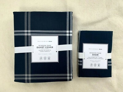 New  Pottery barn Teen Windowpane Duvet Cover & Sham Navy White Plaid cotton-image