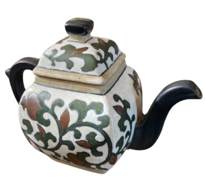 Vtg Studio Art Teapot Raku Ceramic Green/Burgundy Vine Leaf Pattern/Blue Handle-image