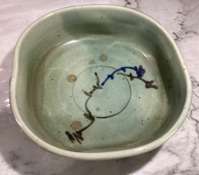 Studio Art Pottery Handled Dish Bowl Green/ Blue Signed-image